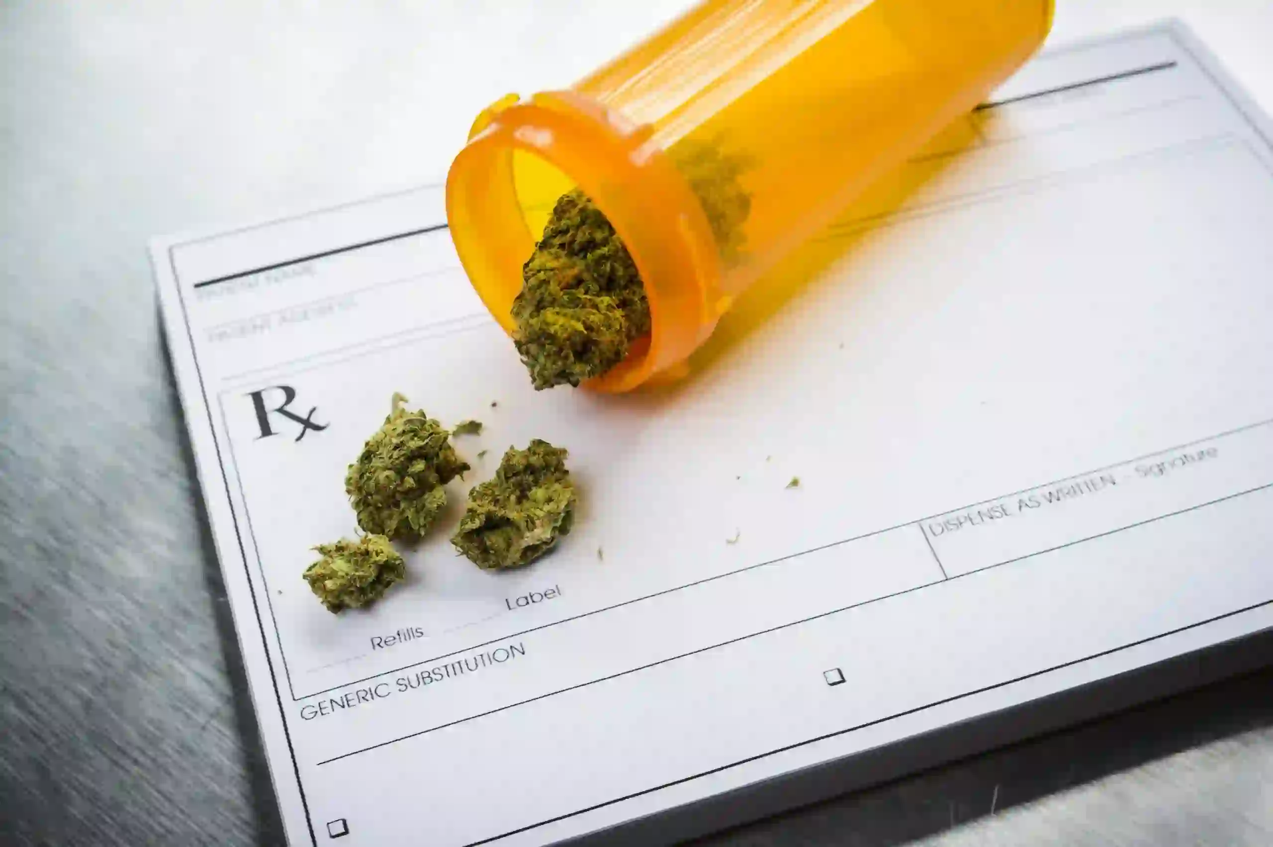 Marijuana leaves in orange plastic tube on doctor receipt paper