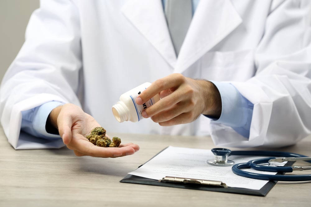 Close up of doctor hand holding bottle with medical cannabis
