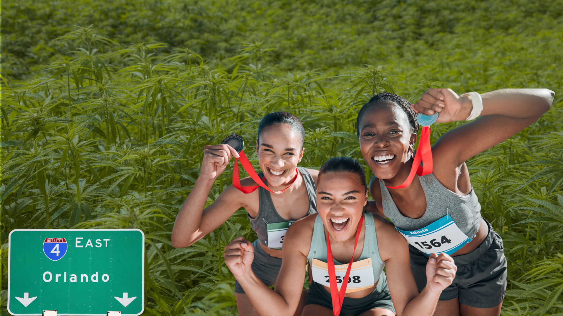 Three smiling female athletes with medals standing in front of cannabis plants and an Orlando road sign, symbolizing cannabis-aided recovery