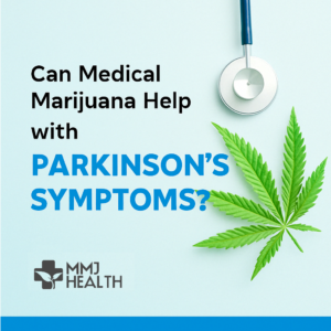 Graphic with stethoscope, cannabis leaf, and MMJ Health logo symbolizing MMJ benefits for Parkinson’s patients.
