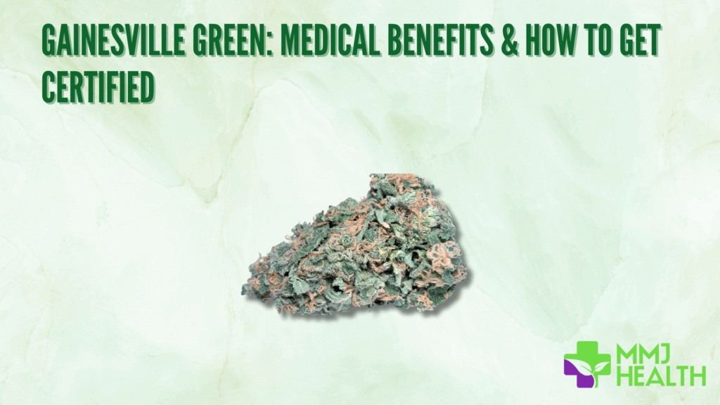 Gainesville Green cannabis bud on a pale green background, with a visual and medical marijuana certification headline.