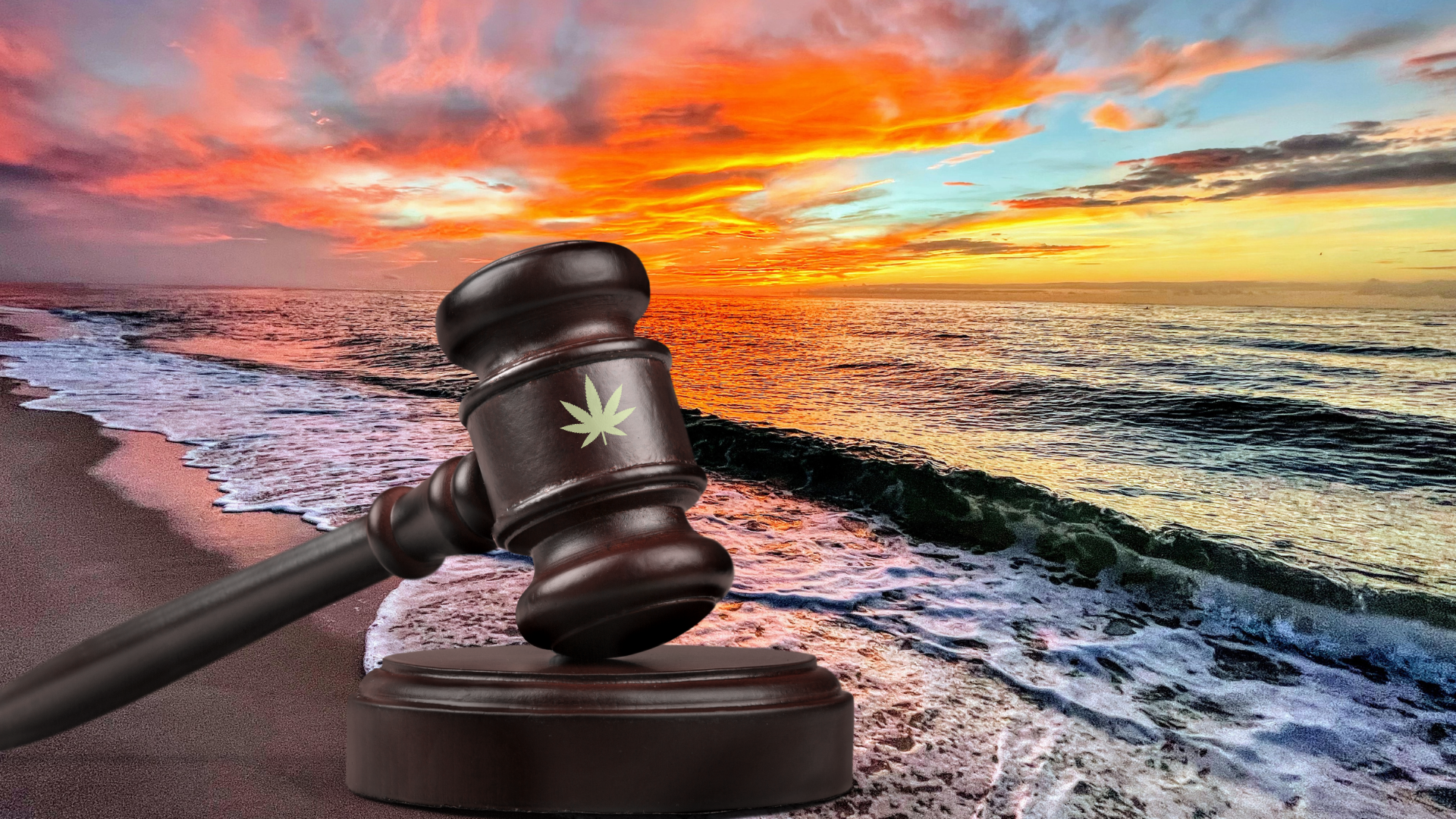 Gavel with cannabis leaf on a Miami beach at sunset, symbolizing changing marijuana laws in Florida