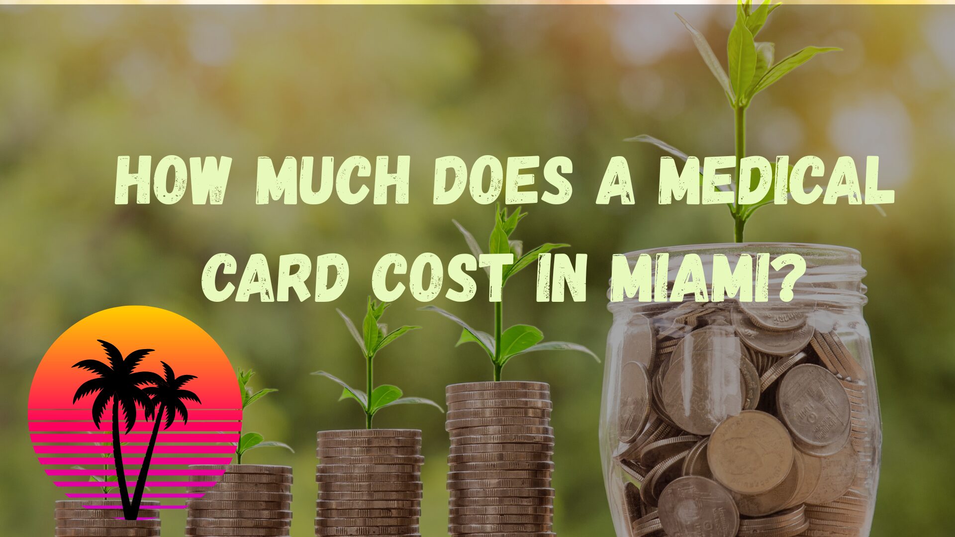 Coins and plants with 'How much does a medical card cost in Miami?' text and a Miami sunset palm logo overlay.