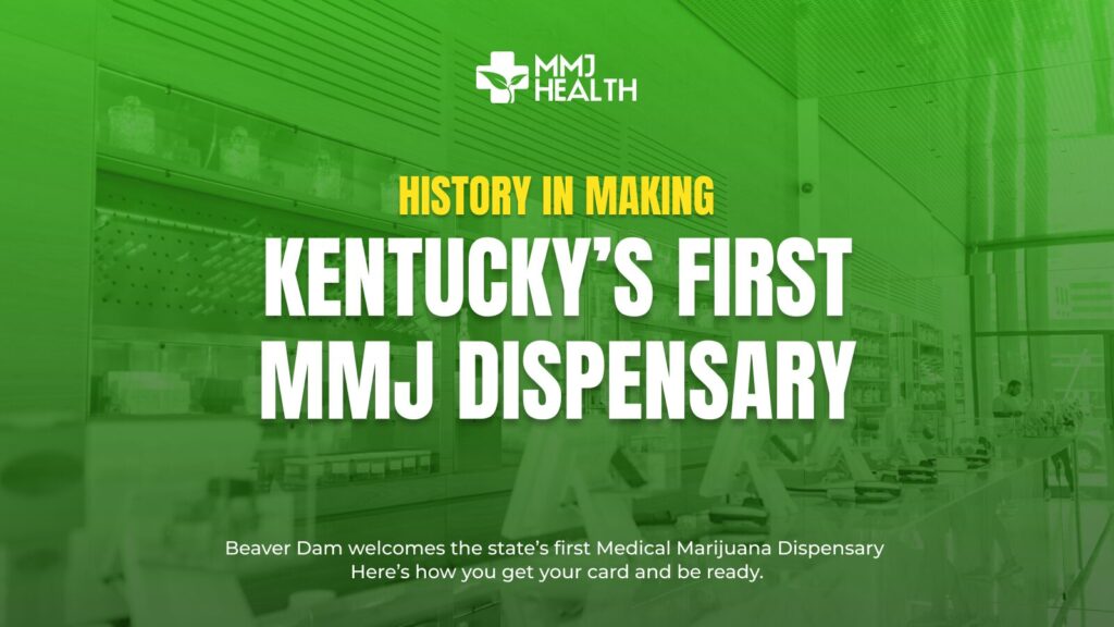 Kentucky’s first MMJ dispensary by The Post announced with KY map and cannabis products in the background.
