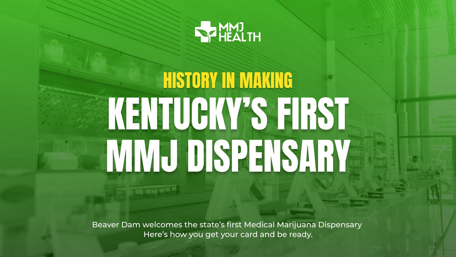 Kentucky’s first MMJ dispensary by The Post announced with KY map and cannabis products in the background.