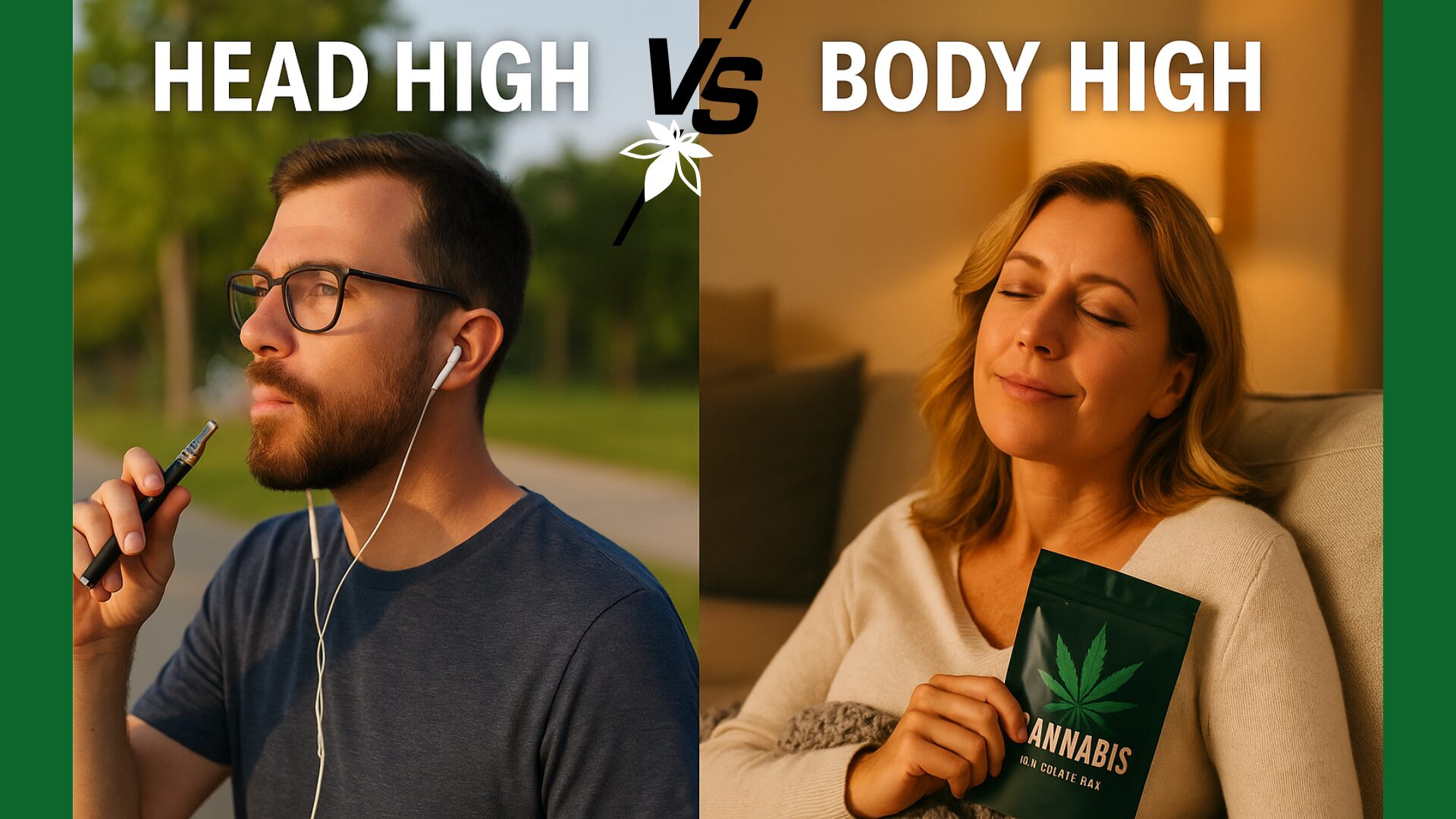 Man vaping outdoors for head high vs woman enjoying edibles indoors for body high – cannabis effects comparison.