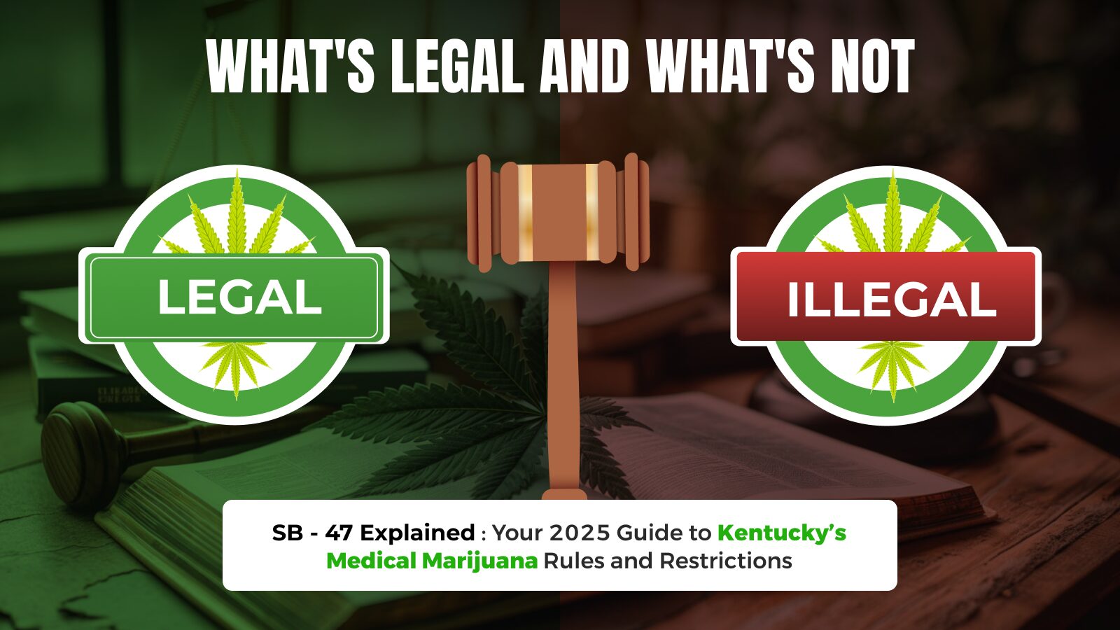 Gavel, cannabis leaves, and SB-47 sign over KY map showing legal vs. illegal marijuana laws in Kentucky, 2025.