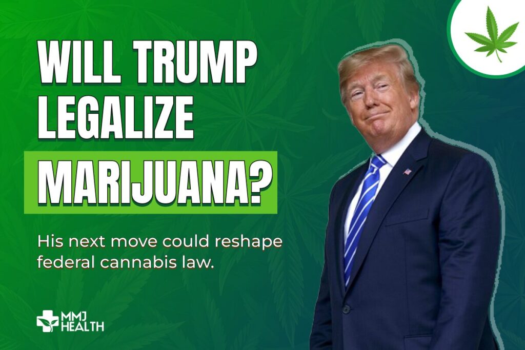 President Trump standing with text overlay reading Will Trump Legalize Marijuana.