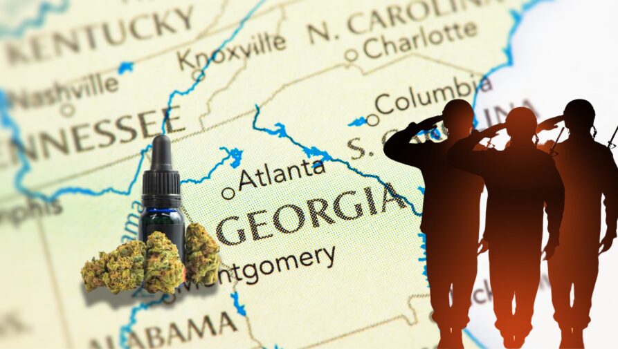 Map of Georgia with marijuana imagery and saluting veterans, highlighting PTSD treatment and medical marijuana legalization.