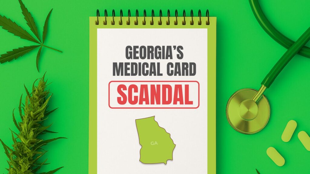 Infographic showing Georgia’s medical marijuana card scandal warning with a stethoscope and a cannabis leaf