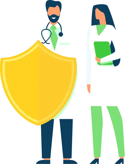 Illustration of two doctors standing behind a yellow protection shield.