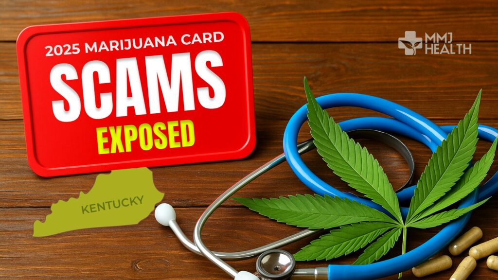 Image showing Kentucky medical marijuana card scams exposed sign with cannabis leaf and stethoscope.