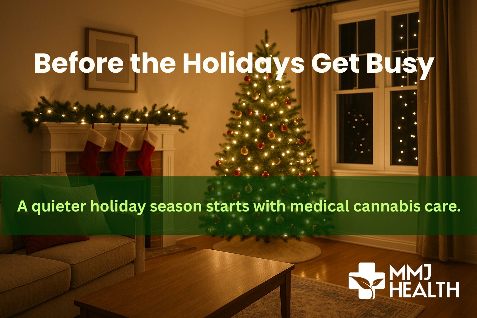 Calm holiday living room with soft lights, reflecting a quieter season supported by Florida medical marijuana care.