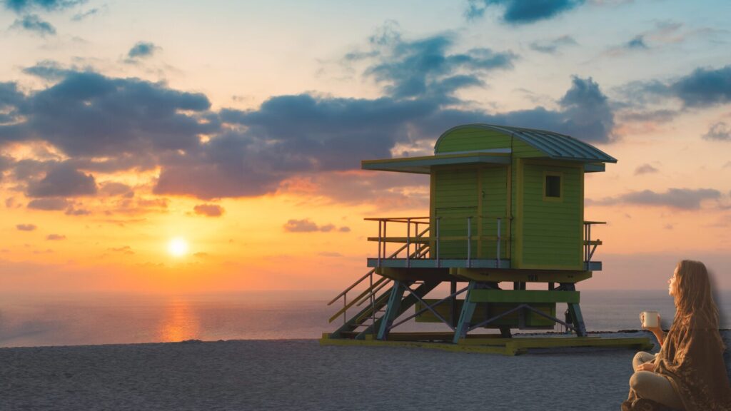 Florida beach sunrise with calm ocean view, reflecting relaxation and balance associated with medical cannabis care