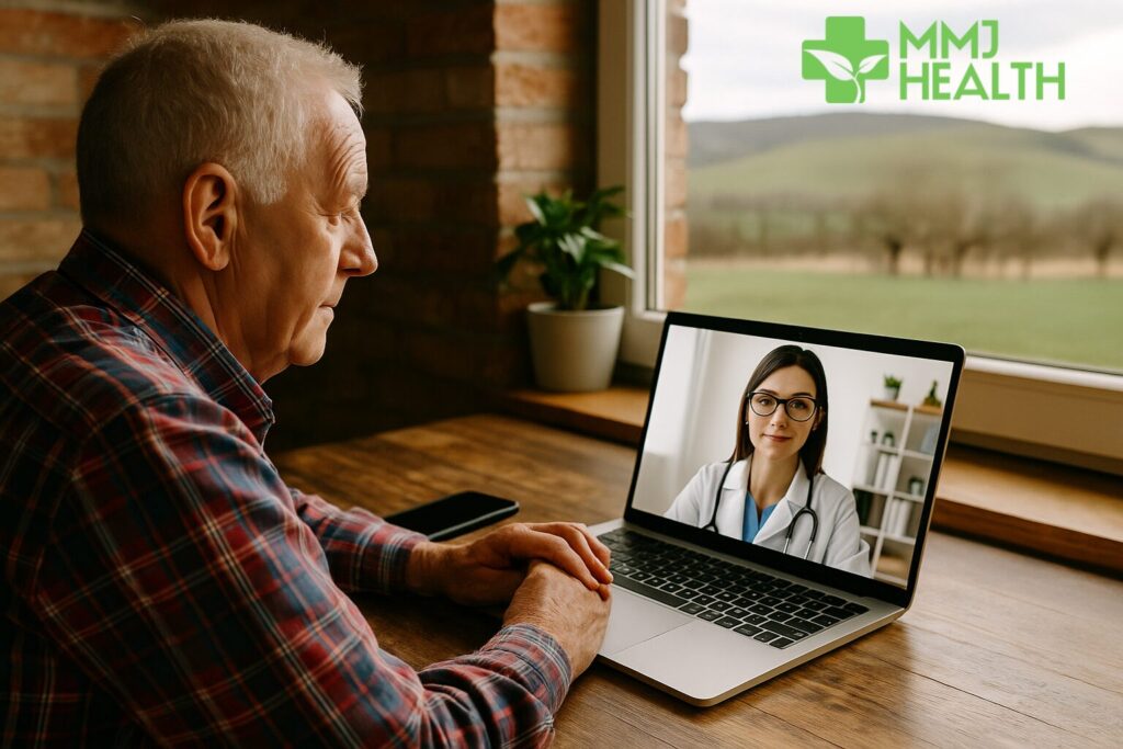 Elderly man on telehealth call with female doctor, MMJ Health logo floating in the sky through a rural Kentucky window.