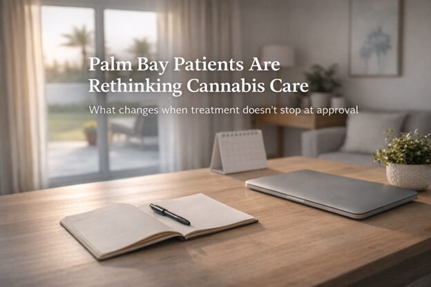 Minimal workspace in Palm Bay with notebook, laptop, and calendar symbolizing structured medical cannabis care planning.