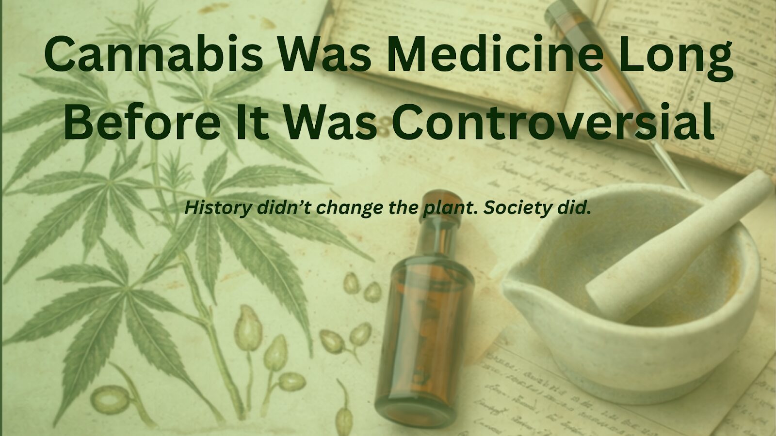 Historical illustration showing cannabis leaves, a vintage medicine bottle, and pharmacy tools representing cannabis as a medical treatment before modern controversy