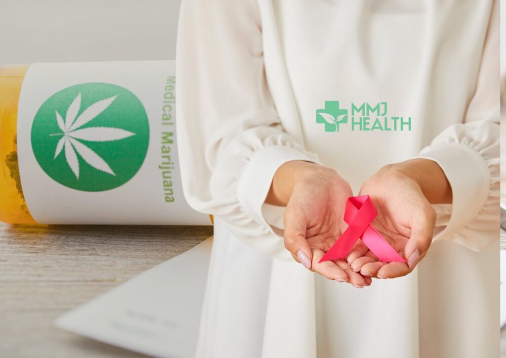 Woman holding a pink cancer ribbon with the MMJ Health logo, next to a medical marijuana bottle.