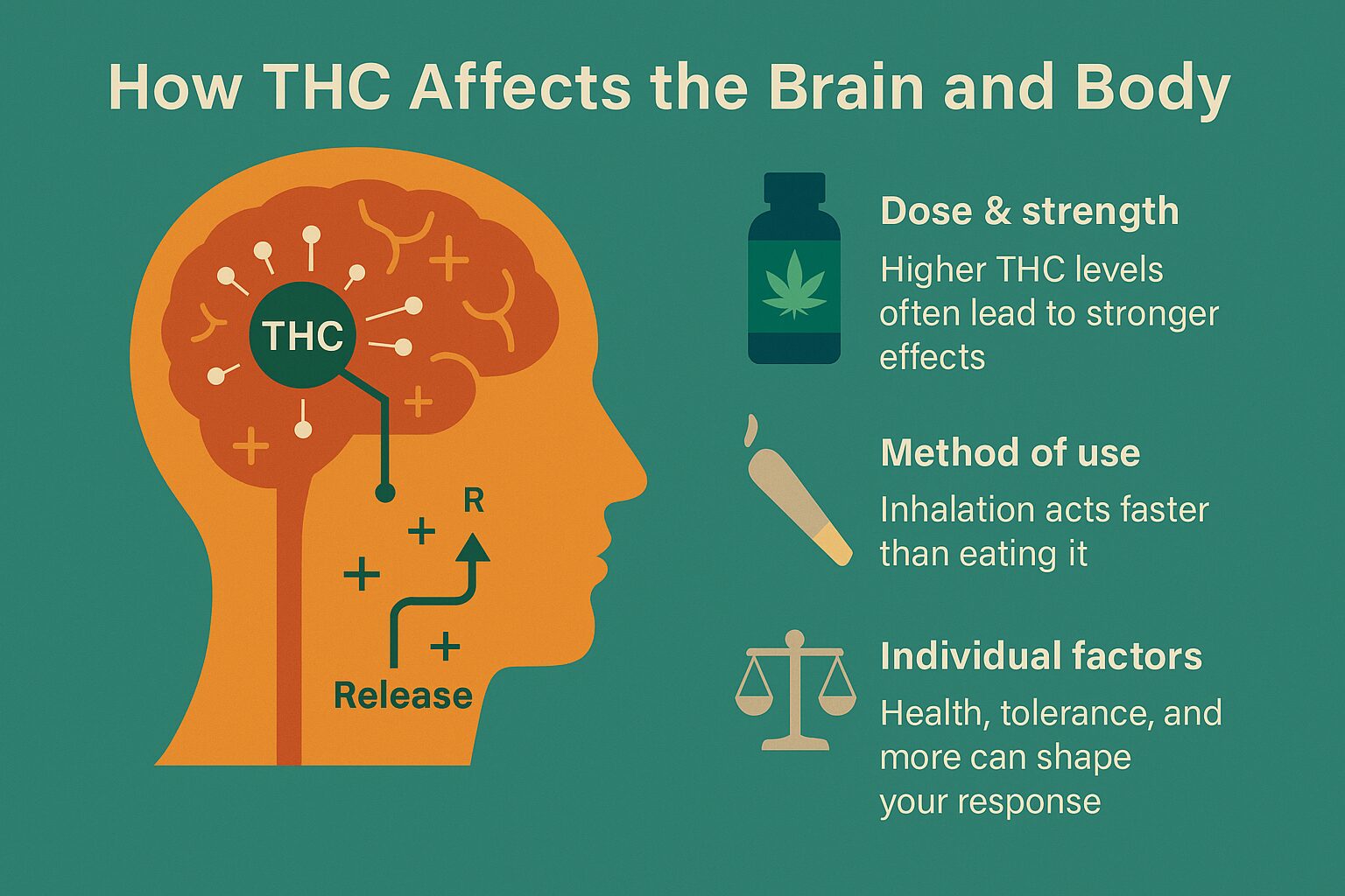 Infographic showing how THC binds to brain receptors and affects mood, memory, and coordination