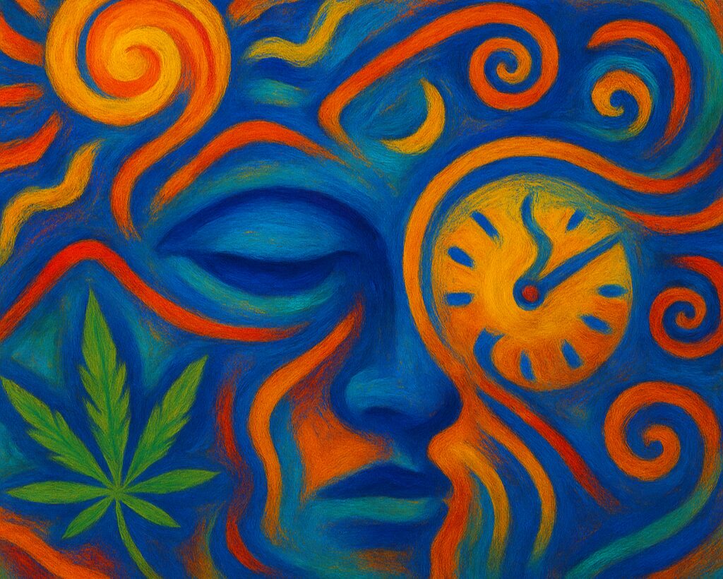 Abstract artwork showing swirling colors, a clock, and a calm face symbolizing time distortion and euphoria while high