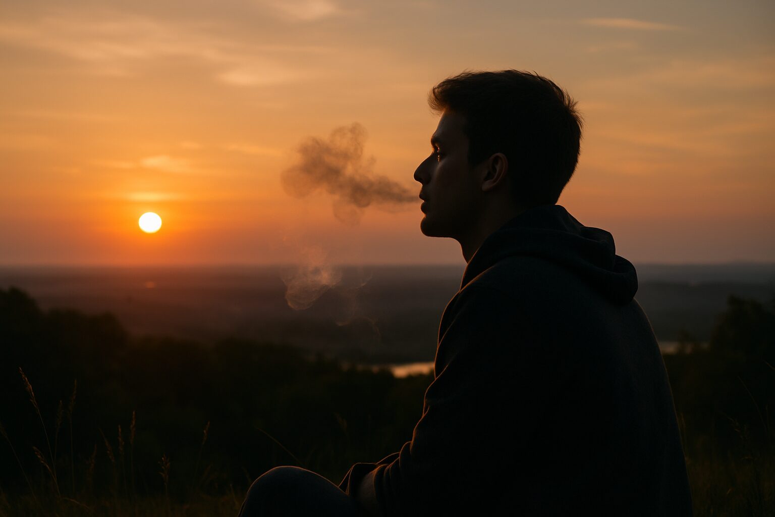 Person sitting outdoors at sunset exhaling smoke, symbolizing reflection and balance after cannabis use.