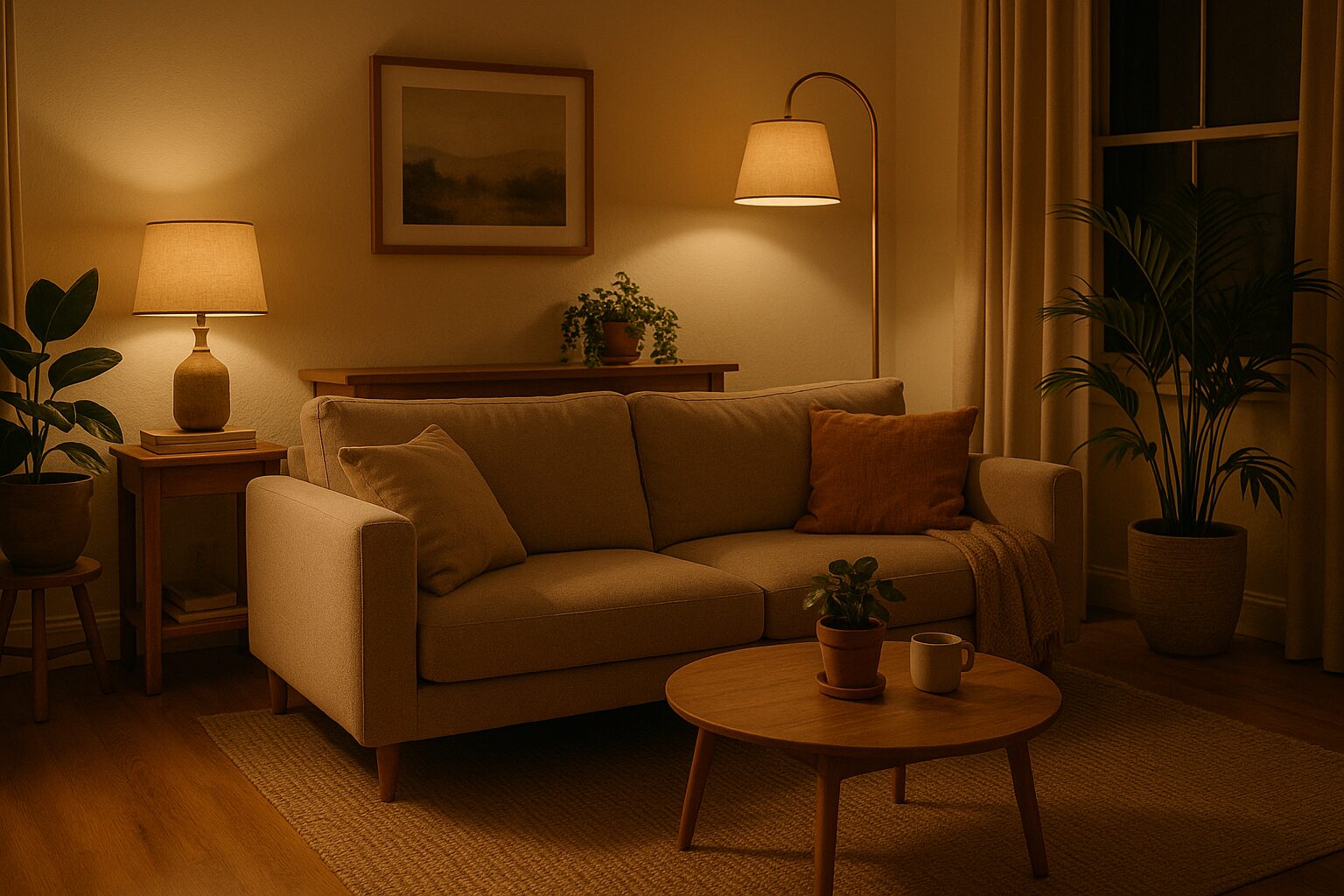 Cozy living room with warm lighting and a calm atmosphere, representing a comfortable, mindful cannabis setting.