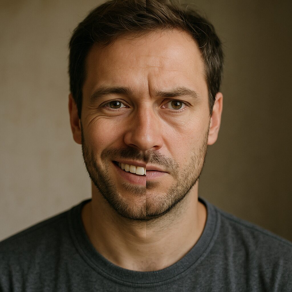 A man’s face split into two expressions showing contrast between euphoria and anxiety, symbolizing effects of cannabis.