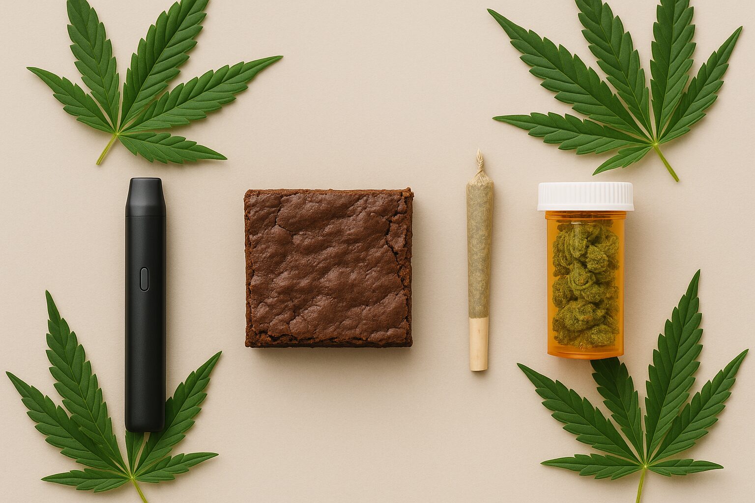Flat lay of vape pen, brownie, cannabis joint, and pill bottle showing different cannabis consumption methods.