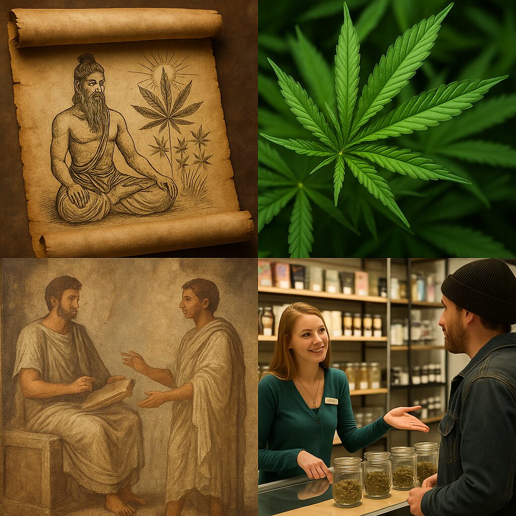 Collage showing ancient cannabis scrolls, hemp leaves, and a modern dispensary scene linking past and present use.