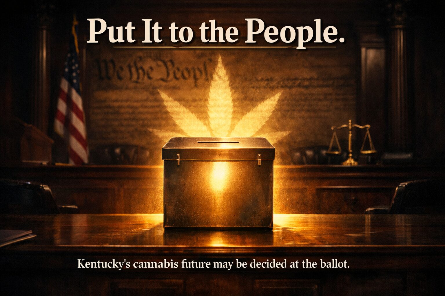 Glowing ballot box in courtroom with subtle cannabis leaf symbol, representing Kentucky cannabis vote initiative