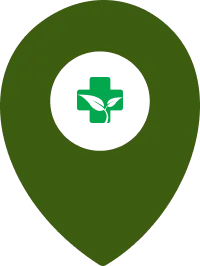 Green location pin icon with a medical cross and cannabis leaf symbol in the center.