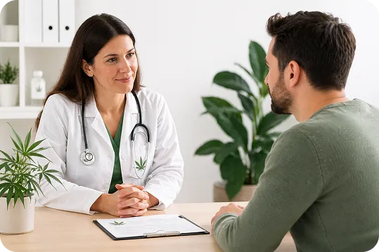 A doctor wearing a white coat with a cannabis leaf symbol listens to a patient during a medical consultation. A cannabis plant and clipboard on the desk suggest the appointment is about medical cannabis treatment.