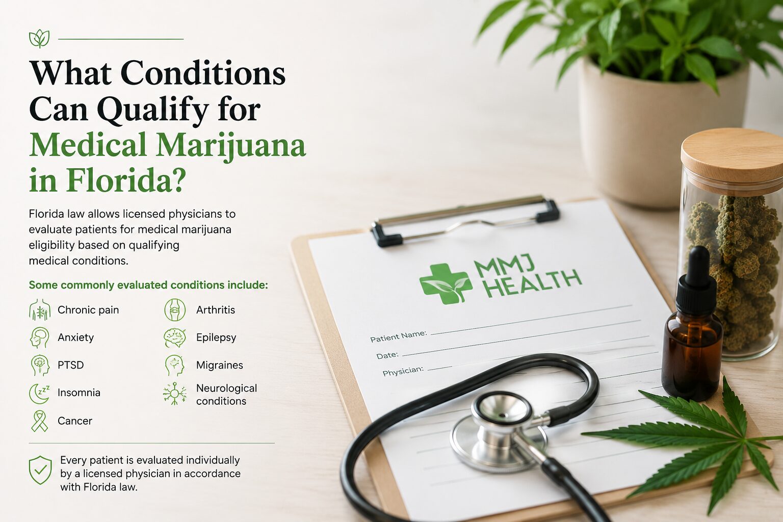 Common medical conditions that may qualify for medical marijuana in Florida, including chronic pain, anxiety, PTSD, and migraine