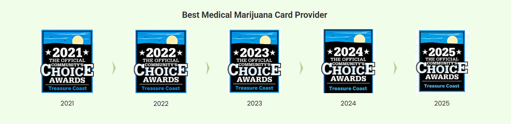 MMJ Health Treasure Coast Community Choice Award winner badges from 2021 through 2025