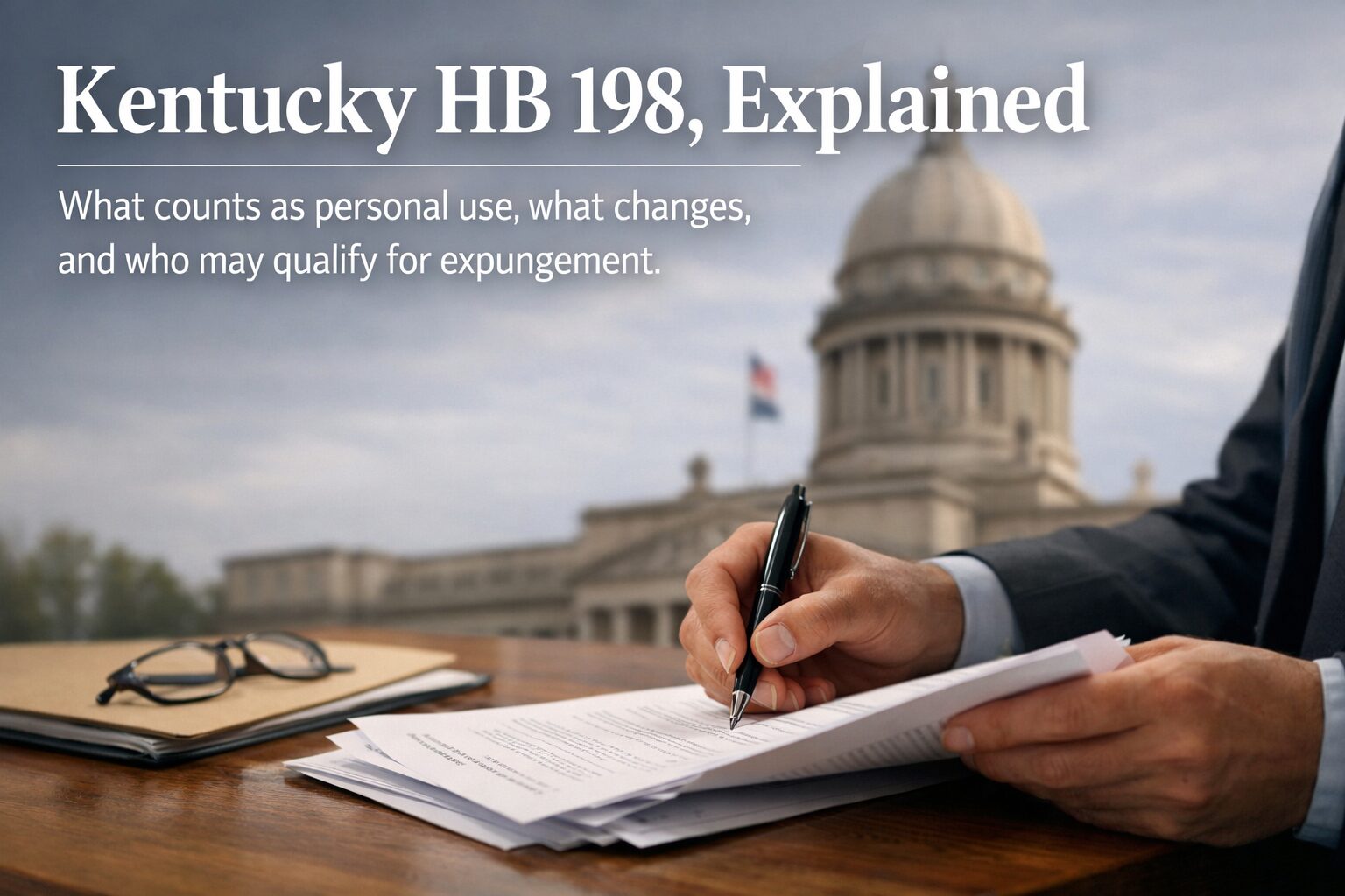 Kentucky HB 198 explained, cover showing the capitol building and document signing, illustrating cannabis decriminalization and expungement.