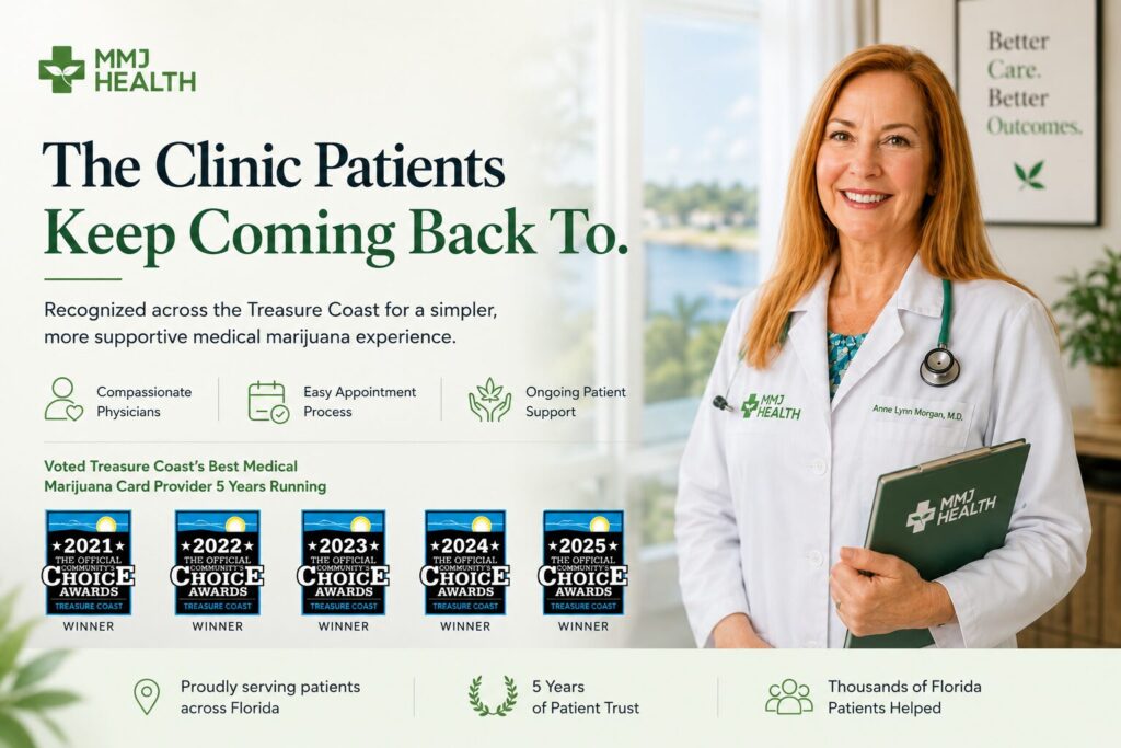 MMJ Health physician standing beside Treasure Coast Community Choice award badges